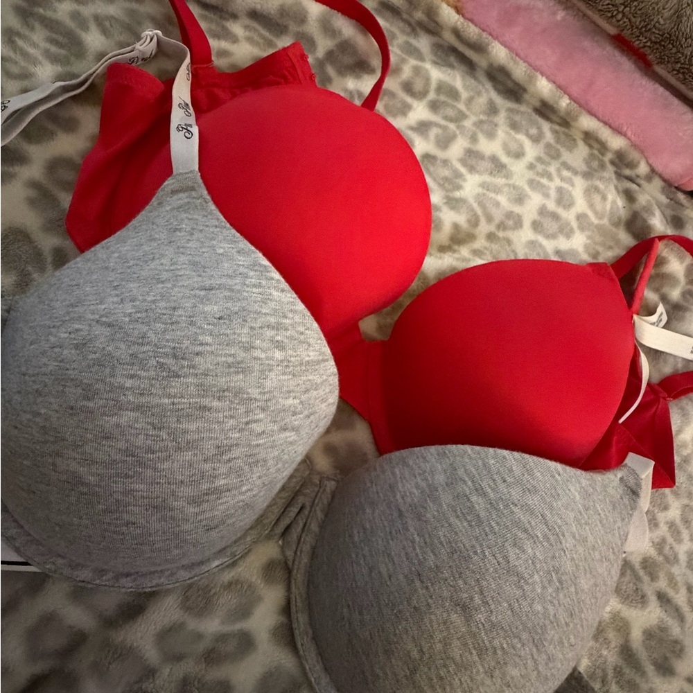 VS PINK Grey Cotton Logo & Red Lightly Lined T Shirt Bra Set size 36D